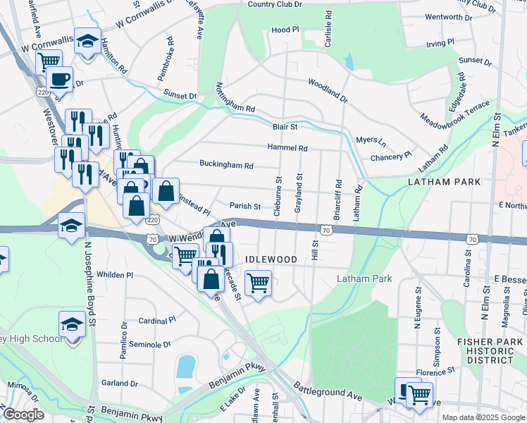 map of restaurants, bars, coffee shops, grocery stores, and more near 1105 Parish Street in Greensboro