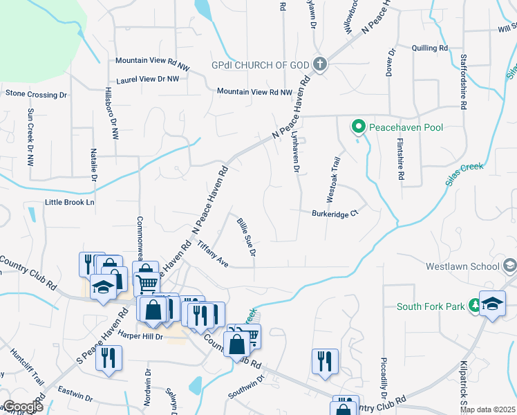 map of restaurants, bars, coffee shops, grocery stores, and more near 351 Pineridge Drive in Winston-Salem
