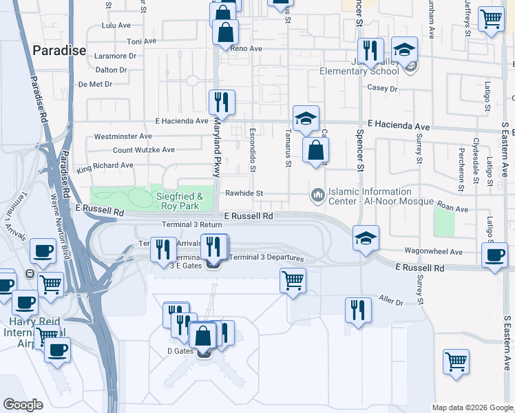 map of restaurants, bars, coffee shops, grocery stores, and more near 1390 Rawhide Street in Las Vegas