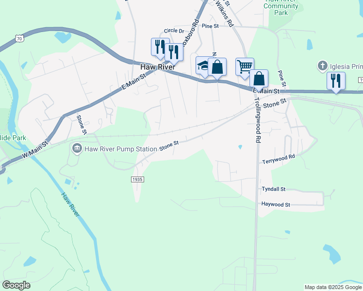 map of restaurants, bars, coffee shops, grocery stores, and more near 801 Stone Street in Haw River
