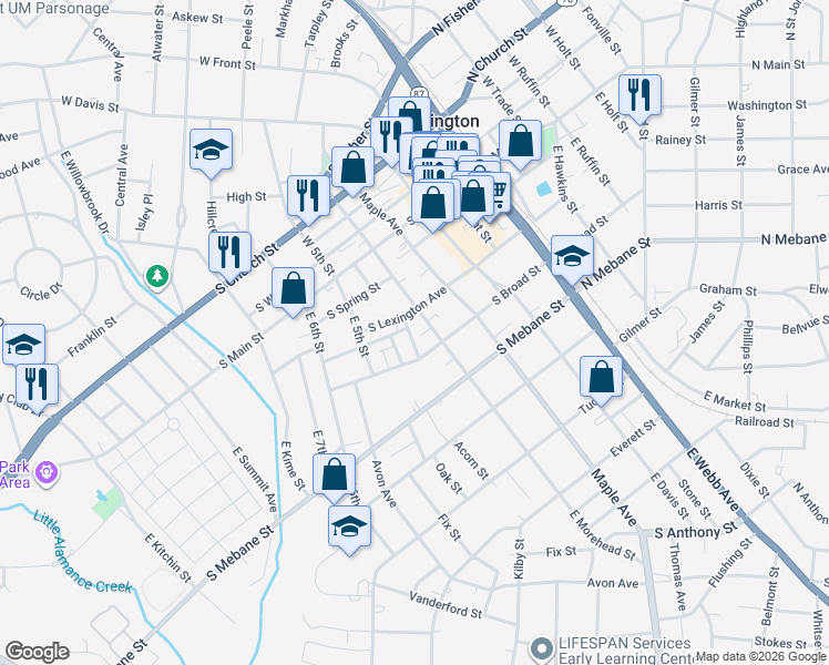 map of restaurants, bars, coffee shops, grocery stores, and more near 607 South Lexington Avenue in Burlington