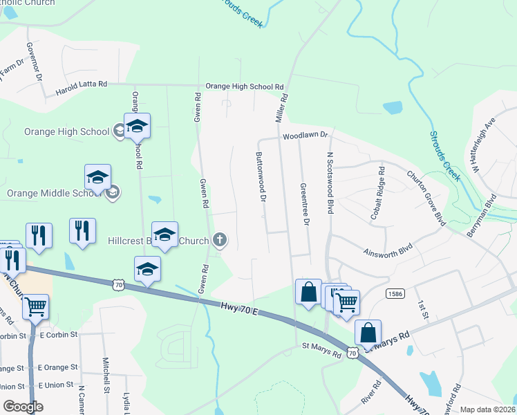 map of restaurants, bars, coffee shops, grocery stores, and more near 604 Buttonwood Drive in Hillsborough