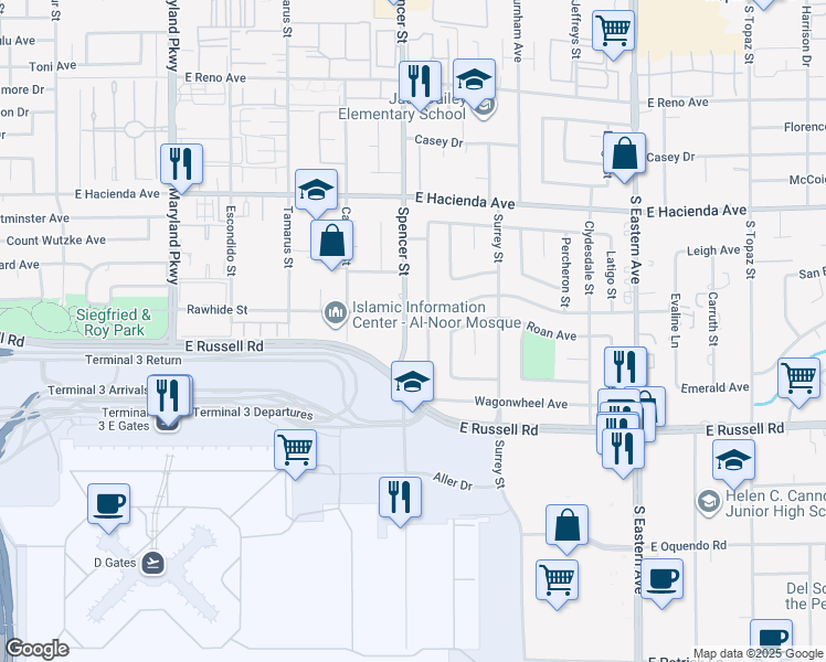 map of restaurants, bars, coffee shops, grocery stores, and more near 5532 Spencer Street in Las Vegas