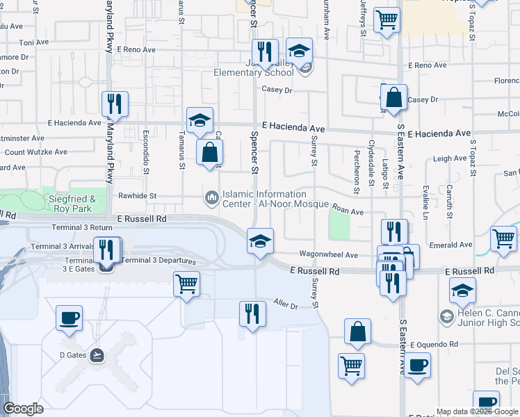 map of restaurants, bars, coffee shops, grocery stores, and more near 5490 Spencer Street in Las Vegas