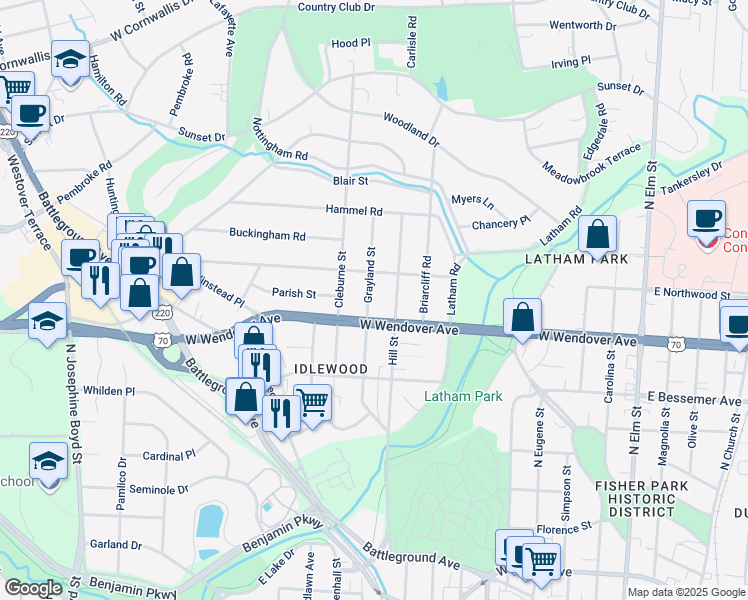 map of restaurants, bars, coffee shops, grocery stores, and more near 1108 Grayland Street in Greensboro