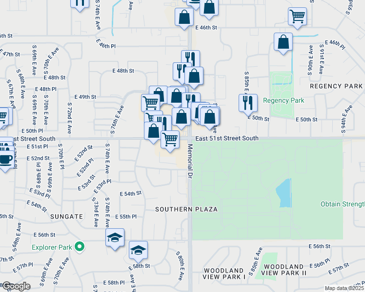 map of restaurants, bars, coffee shops, grocery stores, and more near 8010 East 51st Street South in Tulsa