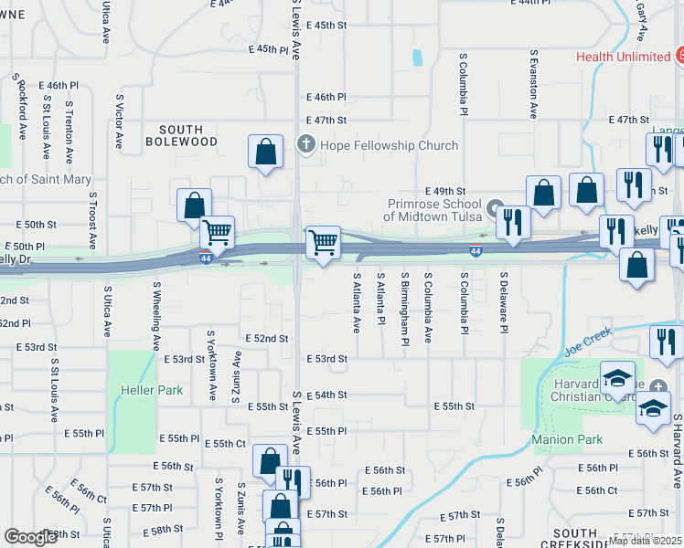 map of restaurants, bars, coffee shops, grocery stores, and more near 2446 East 51st Street in Tulsa