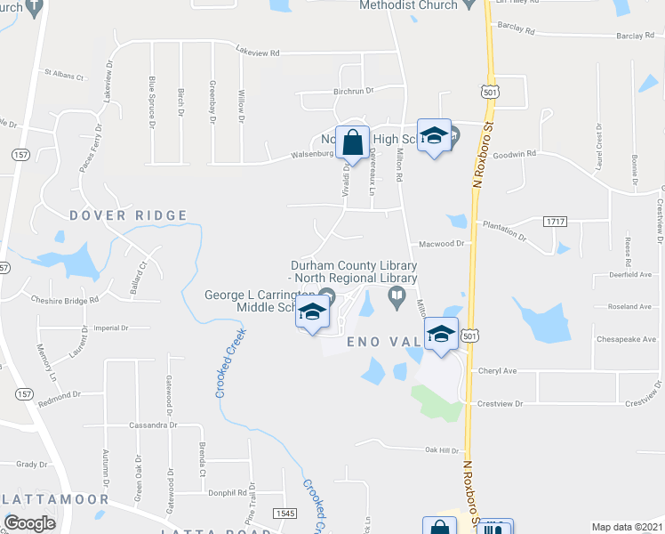 map of restaurants, bars, coffee shops, grocery stores, and more near 9 Amador Place in Durham