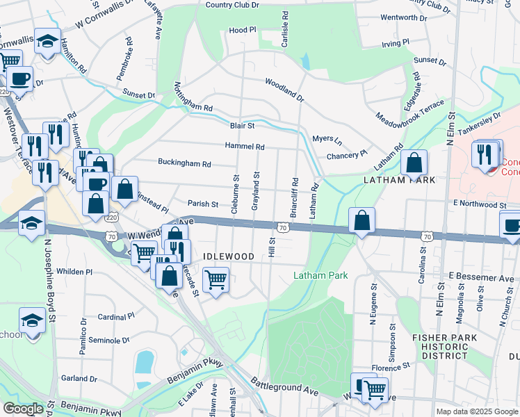 map of restaurants, bars, coffee shops, grocery stores, and more near 1117 Hill Street in Greensboro