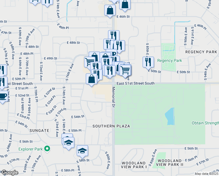 map of restaurants, bars, coffee shops, grocery stores, and more near 8010 East 51st Street South in Tulsa