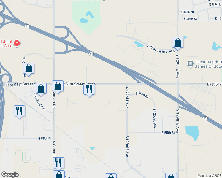 map of restaurants, bars, coffee shops, grocery stores, and more near 12148 East 51st Street South in Tulsa