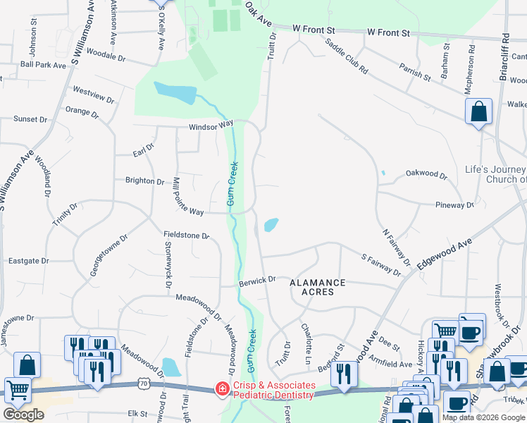 map of restaurants, bars, coffee shops, grocery stores, and more near 105 Turnbury Place in Elon