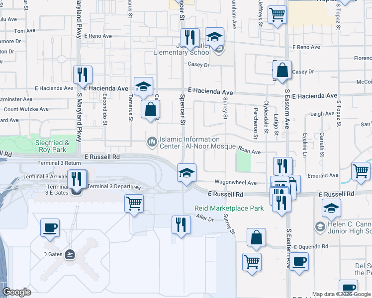 map of restaurants, bars, coffee shops, grocery stores, and more near 5490 Spencer Street in Las Vegas