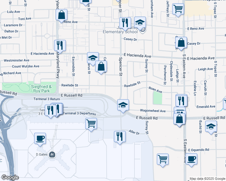 map of restaurants, bars, coffee shops, grocery stores, and more near 1711 Rawhide Street in Las Vegas