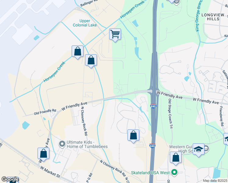 map of restaurants, bars, coffee shops, grocery stores, and more near 7108 West Friendly Avenue in Greensboro
