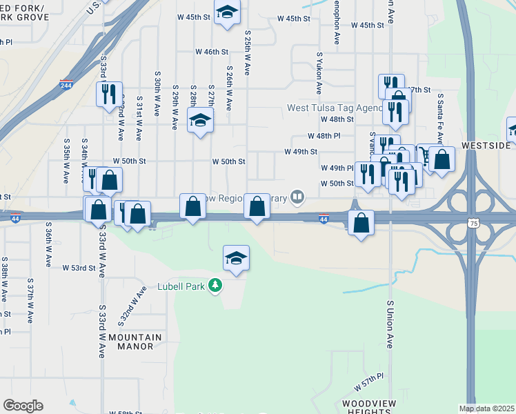 map of restaurants, bars, coffee shops, grocery stores, and more near 2339 West 51st Street in Tulsa