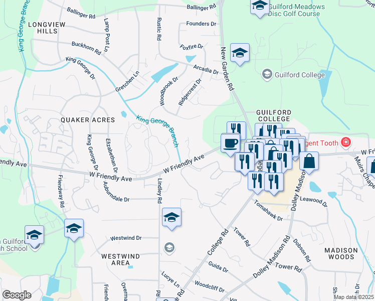 map of restaurants, bars, coffee shops, grocery stores, and more near 5934 West Friendly Avenue in Greensboro