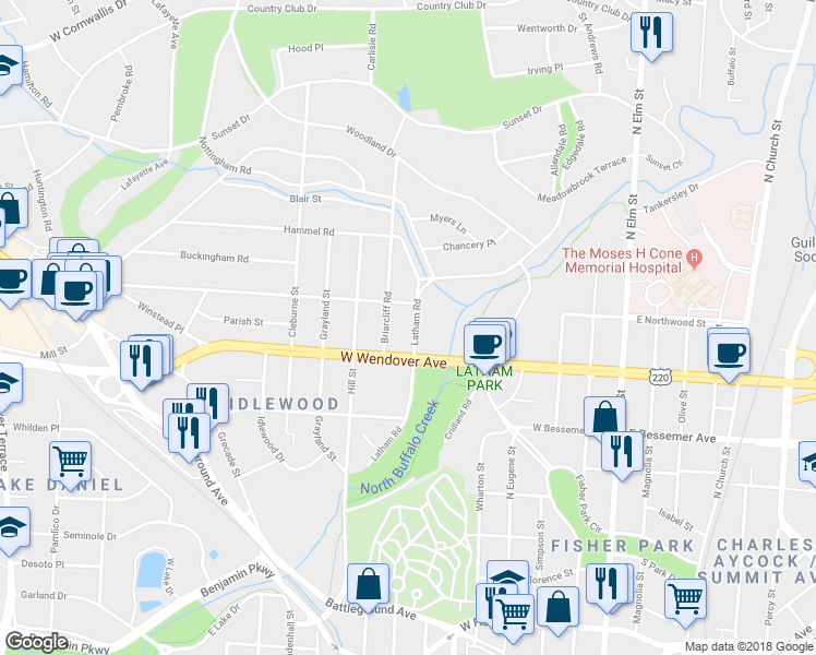 map of restaurants, bars, coffee shops, grocery stores, and more near 1109 Latham Road in Greensboro
