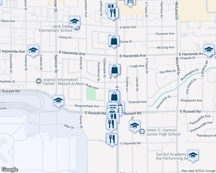 map of restaurants, bars, coffee shops, grocery stores, and more near 2346 Roan Avenue in Las Vegas