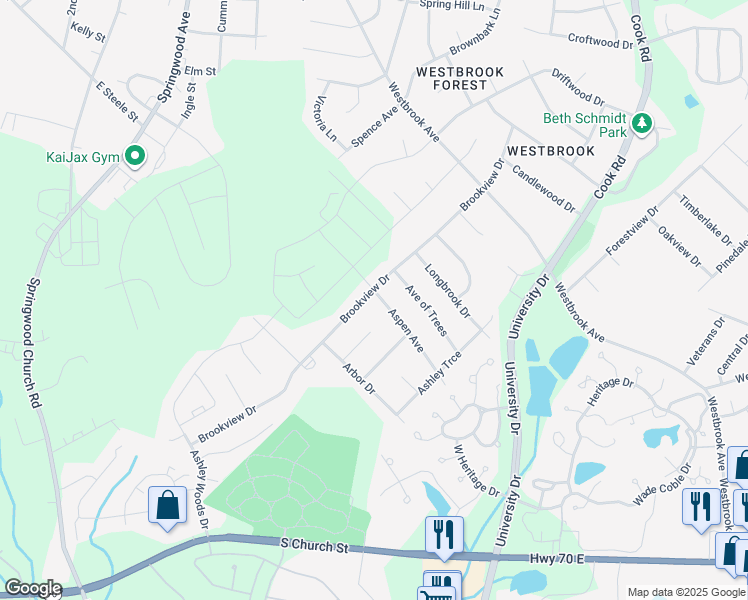 map of restaurants, bars, coffee shops, grocery stores, and more near 1002 Brookview Drive in Elon