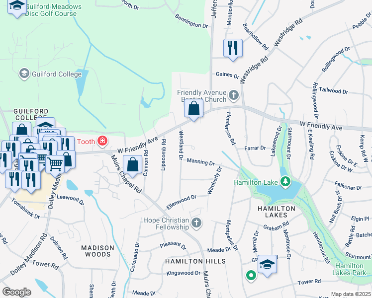 map of restaurants, bars, coffee shops, grocery stores, and more near 724 Westland Drive in Greensboro