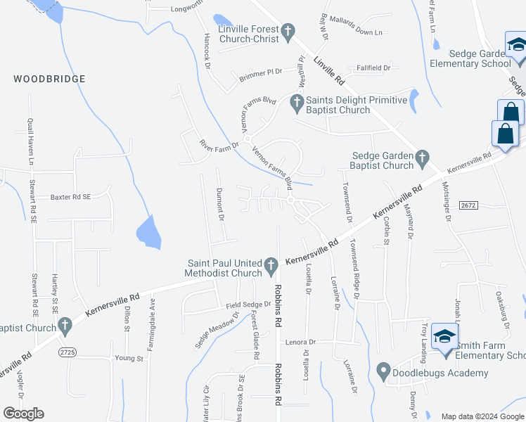 map of restaurants, bars, coffee shops, grocery stores, and more near 1484 Worchester Street in Kernersville