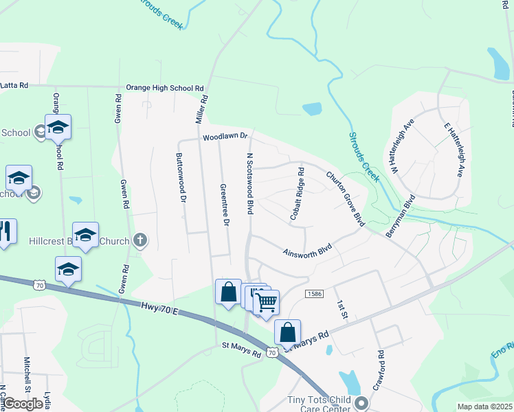 map of restaurants, bars, coffee shops, grocery stores, and more near 1400 Starmont Drive in Hillsborough
