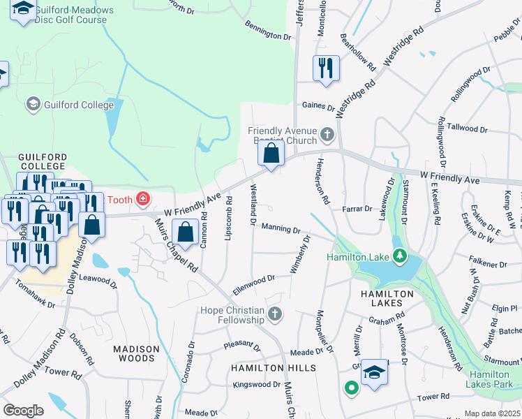 map of restaurants, bars, coffee shops, grocery stores, and more near 724 Westland Drive in Greensboro