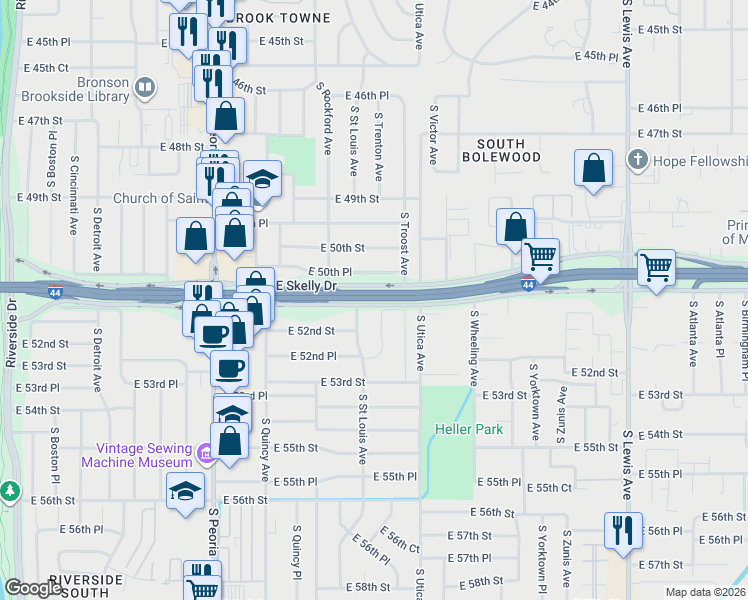 map of restaurants, bars, coffee shops, grocery stores, and more near 1557 East 50th Place in Tulsa