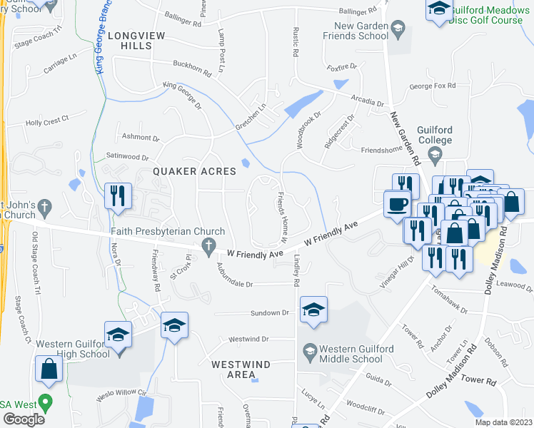 map of restaurants, bars, coffee shops, grocery stores, and more near 6100 West Friendly Avenue in Greensboro
