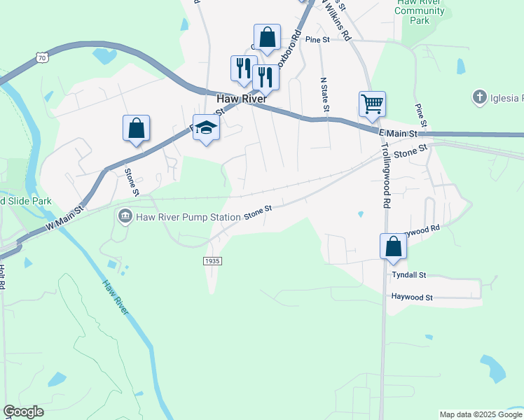 map of restaurants, bars, coffee shops, grocery stores, and more near 723 Stone St in Haw River