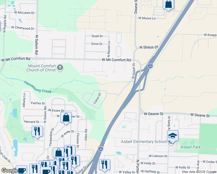map of restaurants, bars, coffee shops, grocery stores, and more near 2730 Wildwood Drive in Fayetteville