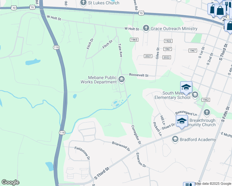 map of restaurants, bars, coffee shops, grocery stores, and more near 698 Corregidor Street in Mebane