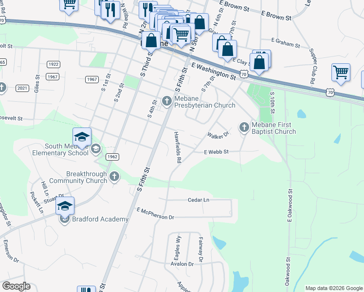 map of restaurants, bars, coffee shops, grocery stores, and more near 503 Hawfields Road in Mebane