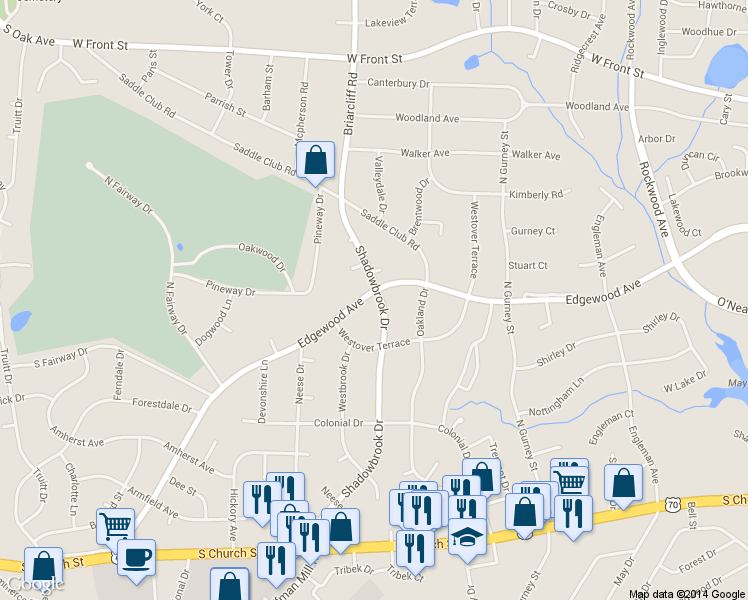 map of restaurants, bars, coffee shops, grocery stores, and more near 2308 Edgewood Avenue in Burlington