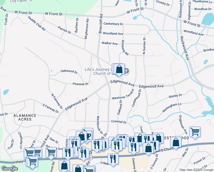 map of restaurants, bars, coffee shops, grocery stores, and more near 2308 Edgewood Avenue in Burlington