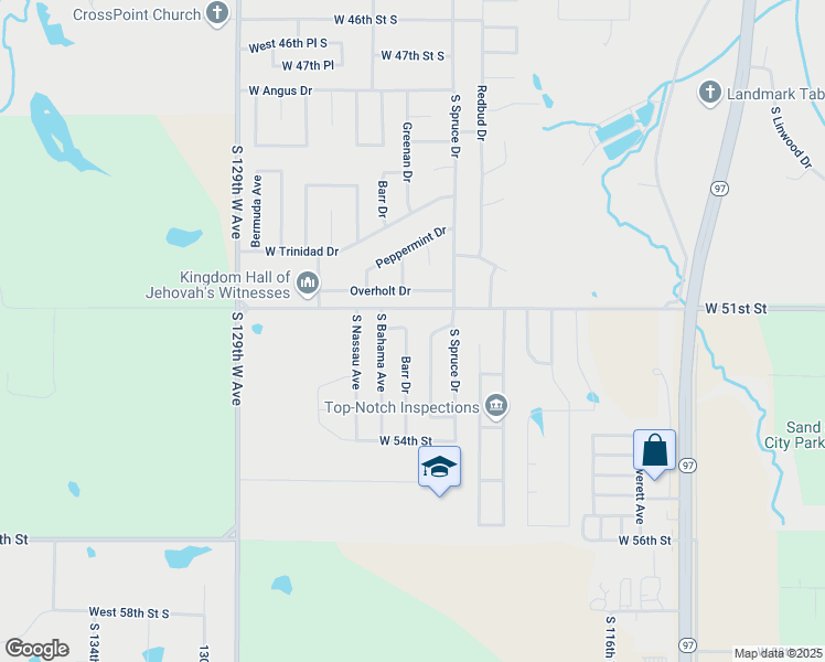 map of restaurants, bars, coffee shops, grocery stores, and more near 509 West 51st Place in Sand Springs