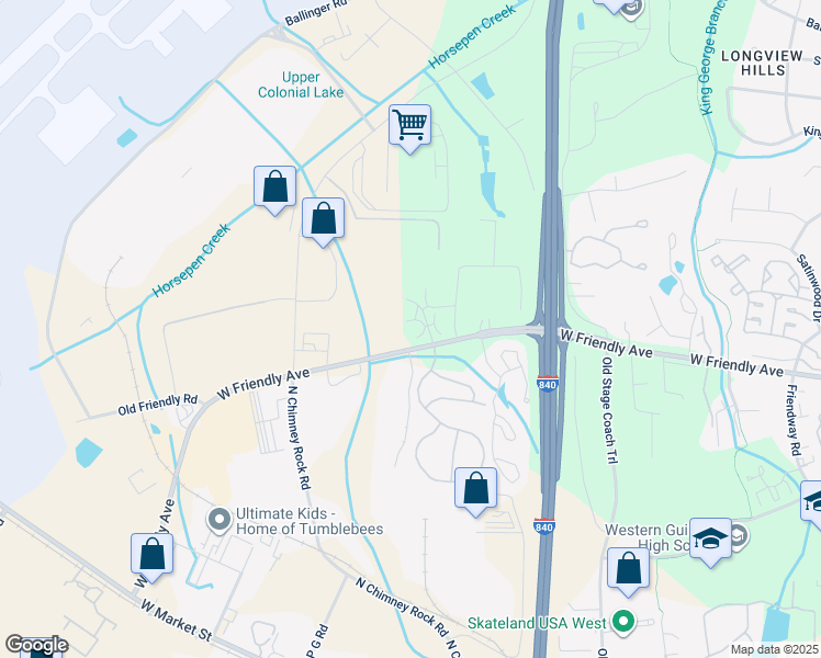 map of restaurants, bars, coffee shops, grocery stores, and more near 7108 West Friendly Avenue in Greensboro