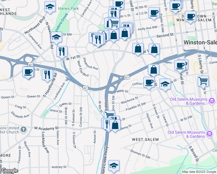 map of restaurants, bars, coffee shops, grocery stores, and more near Peters Creek Parkway in Winston-Salem