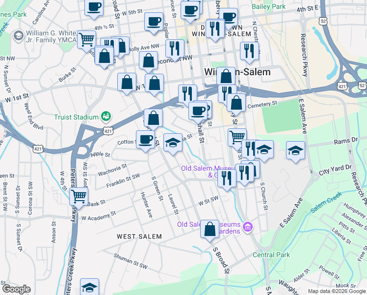 map of restaurants, bars, coffee shops, grocery stores, and more near 443 Wachovia Street in Winston-Salem
