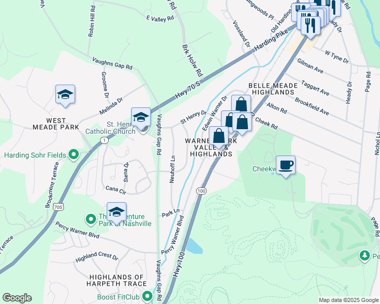 map of restaurants, bars, coffee shops, grocery stores, and more near 6317 Percy Drive in Nashville