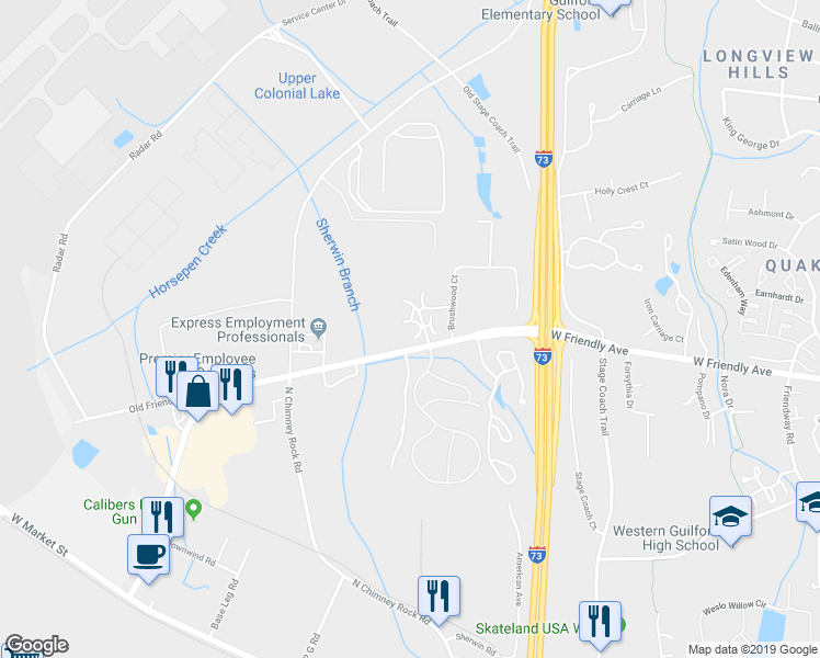 map of restaurants, bars, coffee shops, grocery stores, and more near 7106 West Friendly Avenue in Greensboro