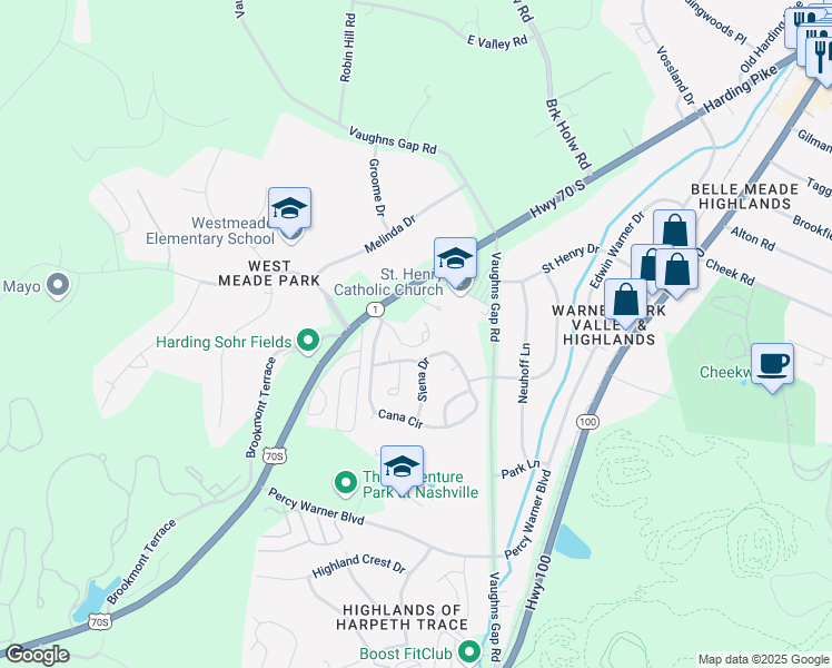 map of restaurants, bars, coffee shops, grocery stores, and more near 1000 Saint Luke Drive in Nashville