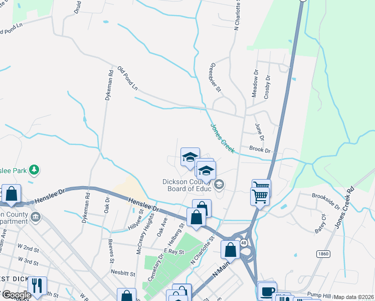 map of restaurants, bars, coffee shops, grocery stores, and more near 509 Henslee Drive in Dickson