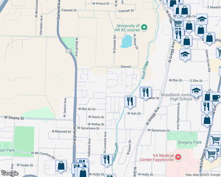 map of restaurants, bars, coffee shops, grocery stores, and more near 2100 North Leverett Avenue in Fayetteville