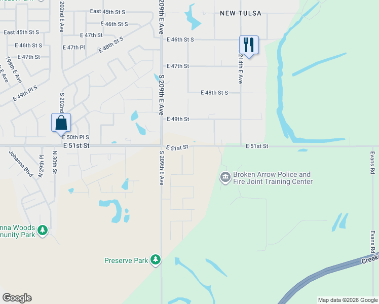map of restaurants, bars, coffee shops, grocery stores, and more near 21163 East 51st Street in Broken Arrow