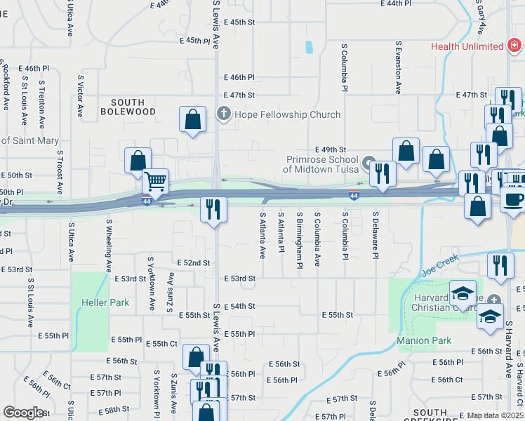 map of restaurants, bars, coffee shops, grocery stores, and more near 2431 East 51st Street in Tulsa