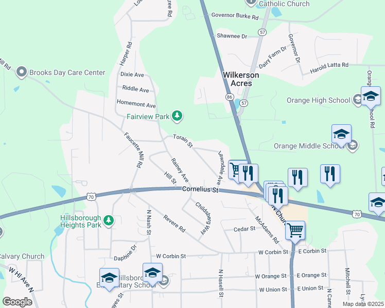 map of restaurants, bars, coffee shops, grocery stores, and more near 164 Torain Street in Hillsborough