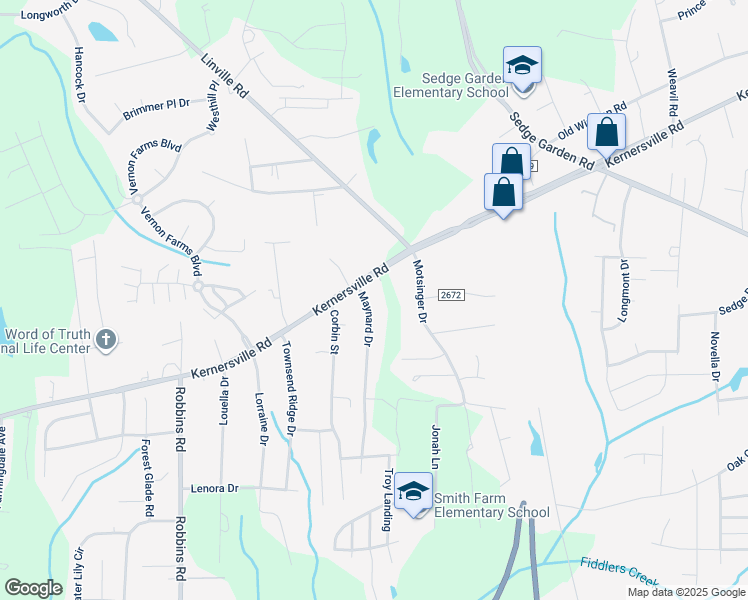 map of restaurants, bars, coffee shops, grocery stores, and more near 117 Maynard Drive in Winston-Salem