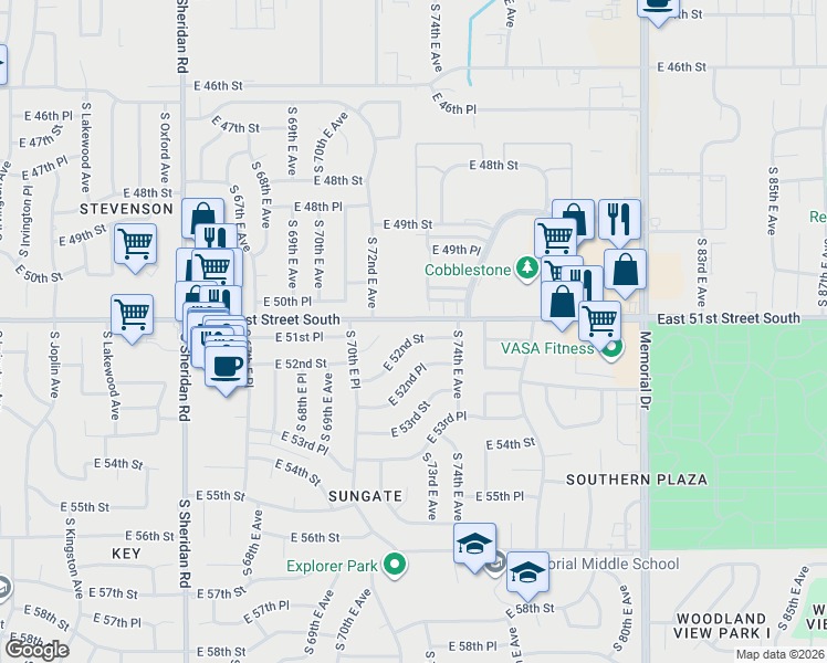 map of restaurants, bars, coffee shops, grocery stores, and more near 5060 South 73rd East Avenue in Tulsa